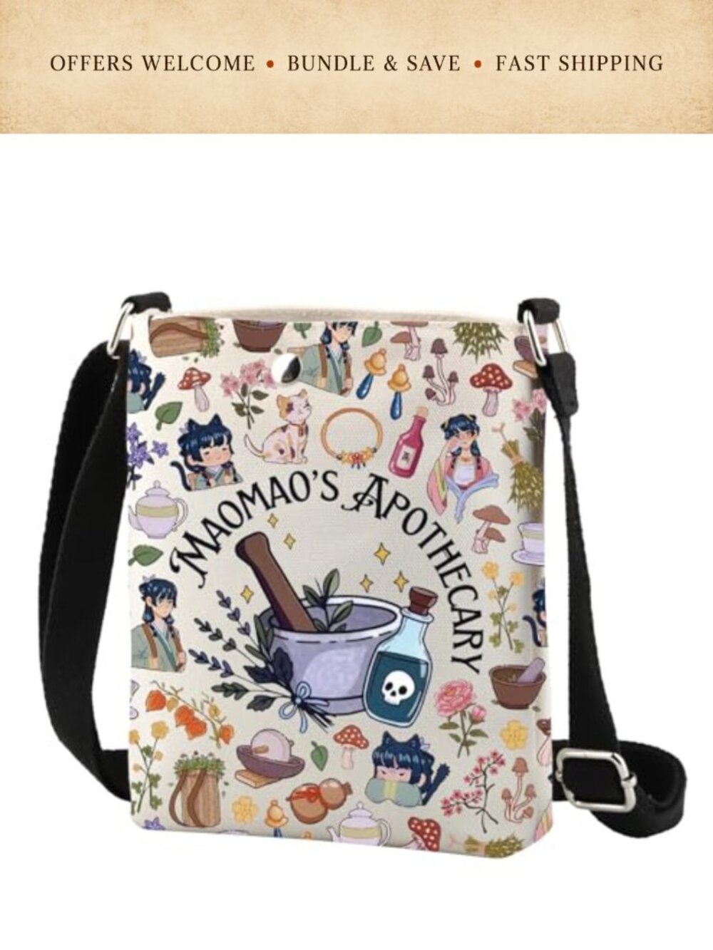 Canvas Crossbody Bag Floral Cartoon Apothecary Anime Fan Gift